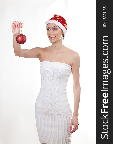 Woman in red christmas costume. Woman in red christmas costume