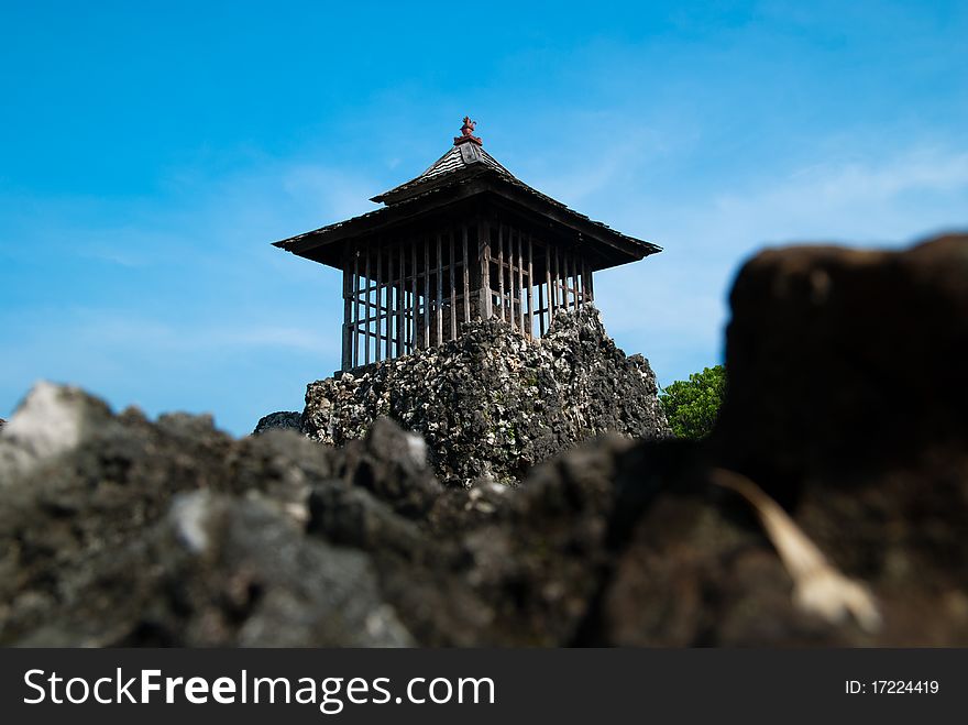 A unique rocky temple in landscape mode with blue sky