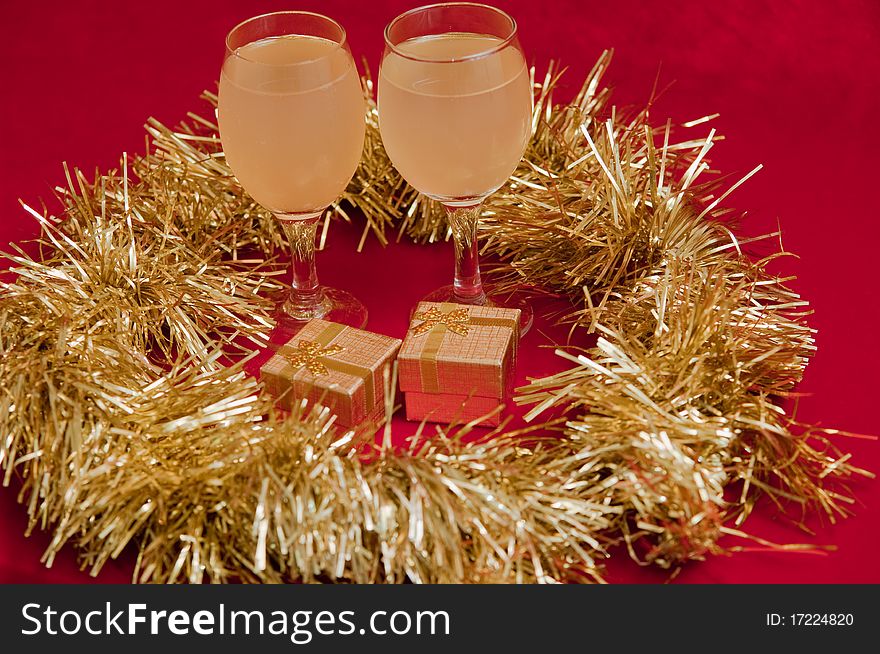 Christmas decorated with wine on gold background . Christmas decorated with wine on gold background .
