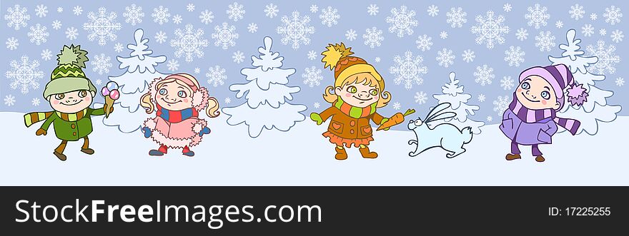 Christmas illustration of little children playing around a spruce in snow. Christmas illustration of little children playing around a spruce in snow