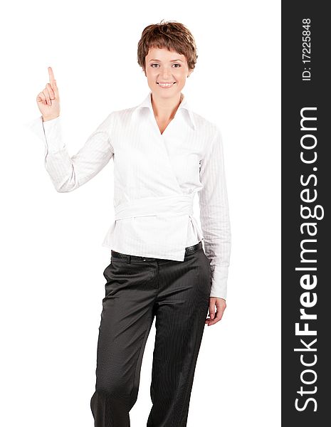 Beautiful businesswoman pointing at copyspace, isolated on white background