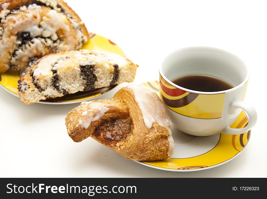 Cup coffee with nut and poppy pastry. Cup coffee with nut and poppy pastry