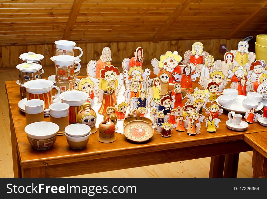 Hand-made ceramic Christmas decorations, angels and other figures