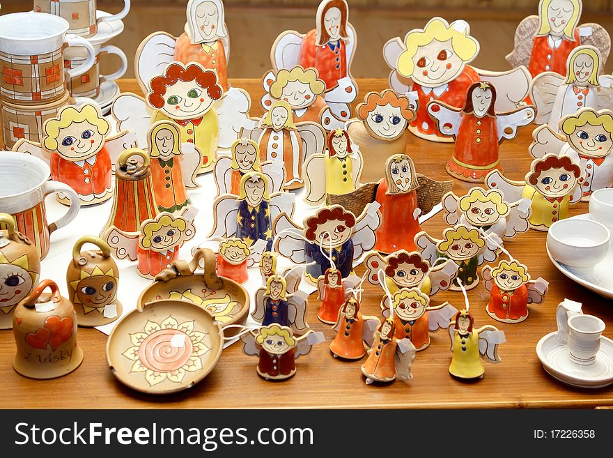 Hand-made ceramic Christmas decorations, angels and other figures