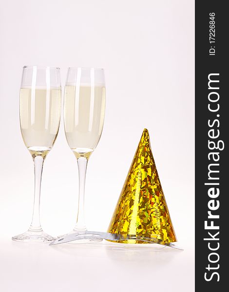 Champagne and party time on white background