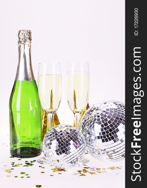 Champagne and party time on white background