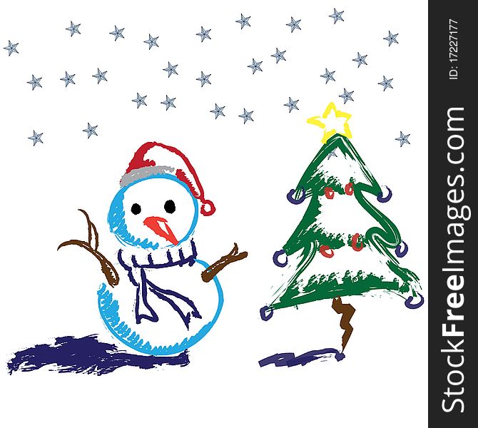 Christmas white snowman card with a Christmas tree