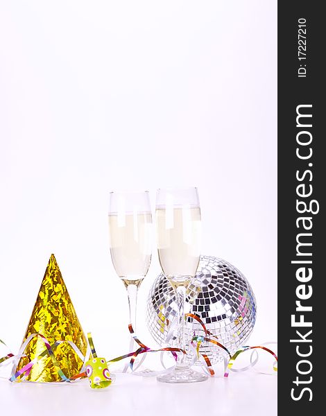 Champagne and party time on white background