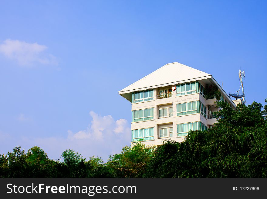 Condo high in the sky. Trees, nature With a satellite dish.