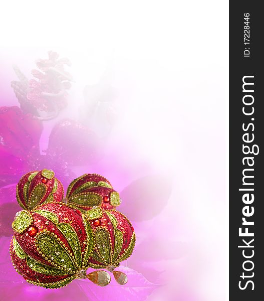 Luxury Red Christmas balls on pink flower background