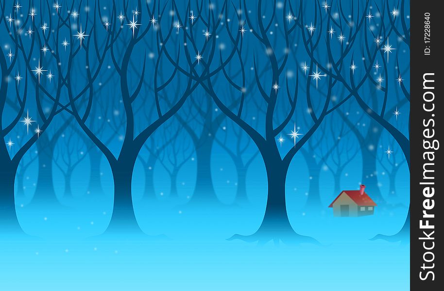 A red house in a winter woods. a christmas season card design. A red house in a winter woods. a christmas season card design.