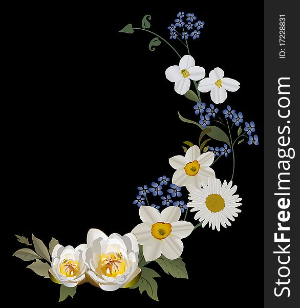 Illustration with blue and white flowers curl. Illustration with blue and white flowers curl