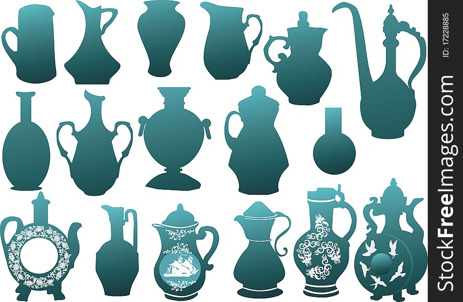 Illustration with blue jugs collection on white background