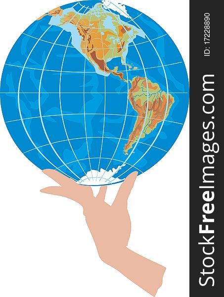 Illustration with globe in human hand on white background. Illustration with globe in human hand on white background