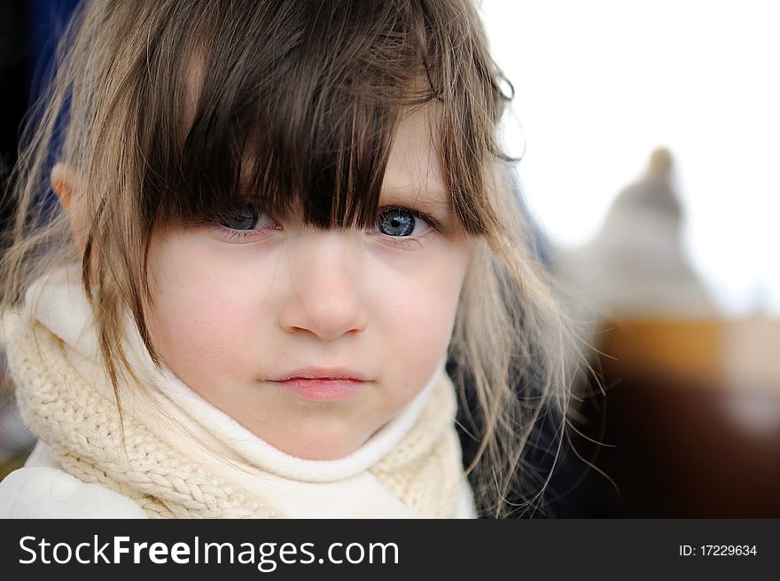 Adorable small girl in winter clothes in old style mountain train. Adorable small girl in winter clothes in old style mountain train