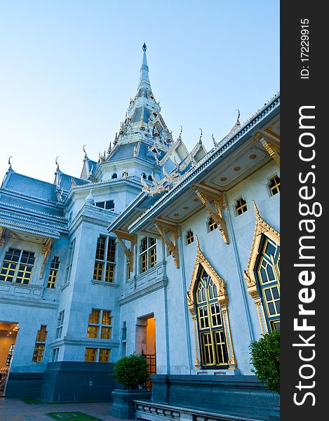 Sothorn temple in evening light at Chachoengsao province, Thailand.