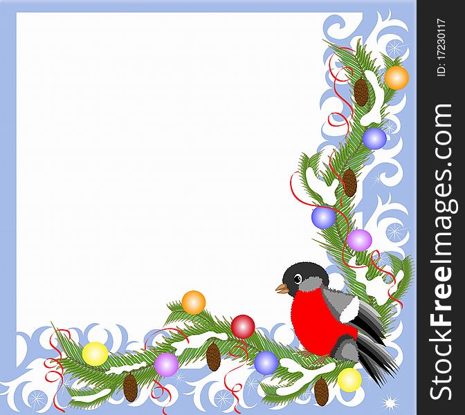 Violet frame with bullfinch ,fir tree and balls. Violet frame with bullfinch ,fir tree and balls