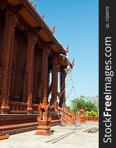 Renovation of beautiful church decorated from terra-cotta at Thai temple, Thailand.