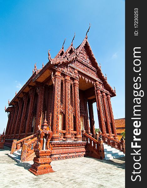 Beautiful church decorated from terra-cotta at Thai temple, Thailand.