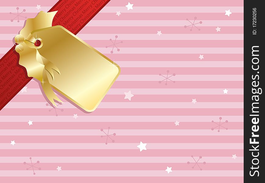 Pink christmas background with red ribbon and gold gift tag