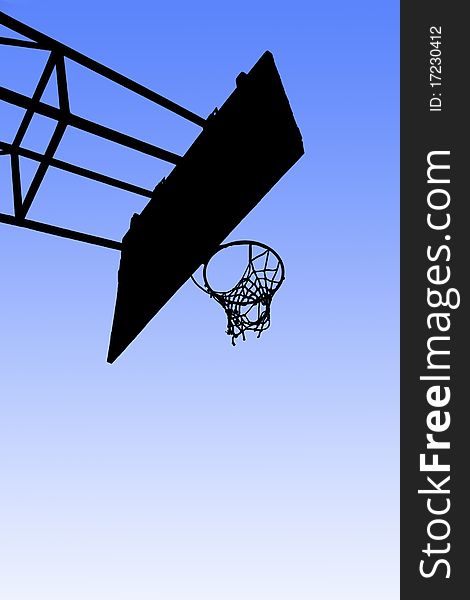 Streetball basket silhouette against blue sky. Streetball basket silhouette against blue sky