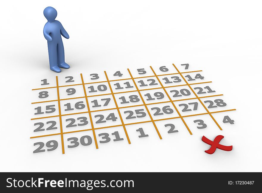 Little man with calendar isolated on white. Red rejected sign. Little man with calendar isolated on white. Red rejected sign.