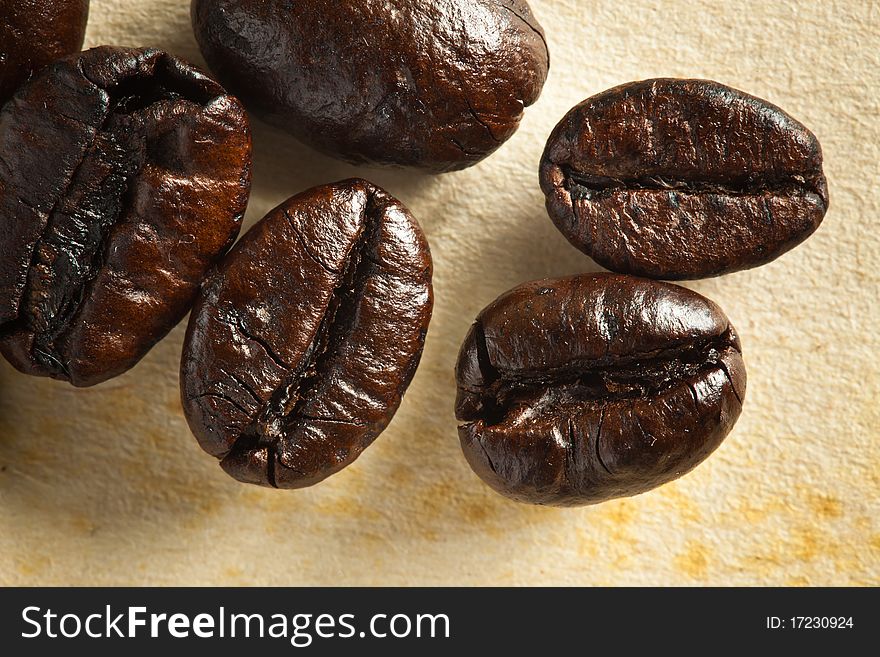 Close up coffee bean on grunge paper background