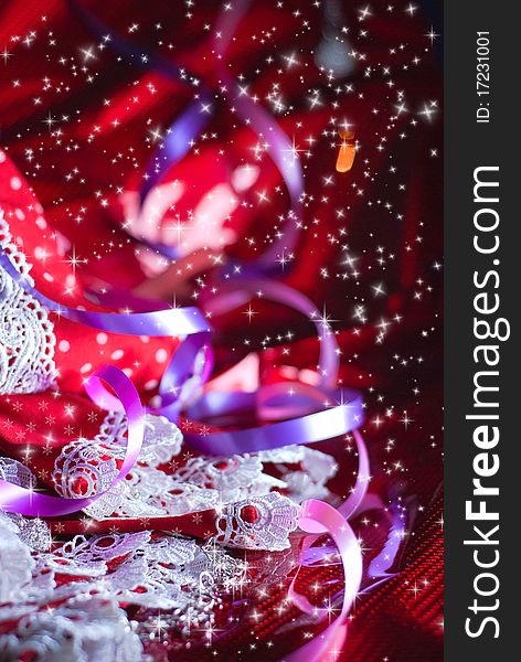 Red Christmas background with lace and serpentine. Red Christmas background with lace and serpentine