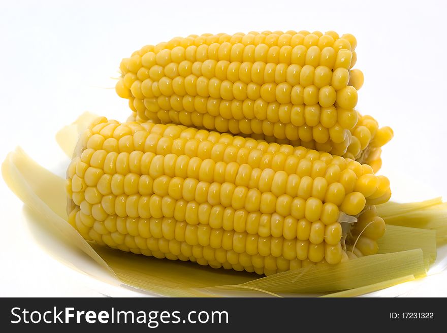 Boiled corn lactic ripeness ona plate on a white background closeup