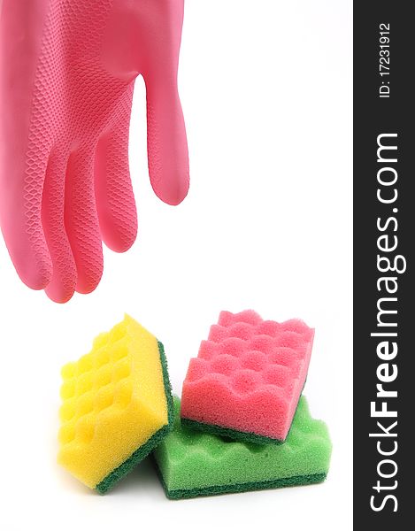 Things for house care and cleaning - colorful glove and sponges - isolated