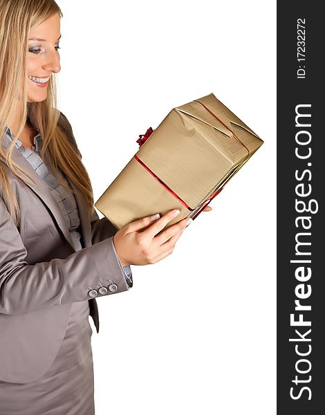 Isolated Blond Caucasian Woman With Gifts