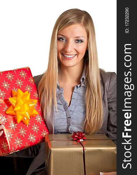 Isolated Blond Caucasian Woman With Gifts