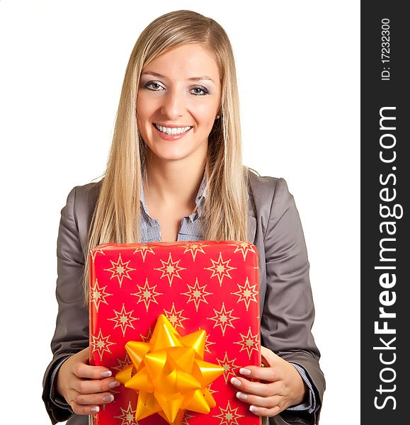 Isolated blond caucasian woman with gifts