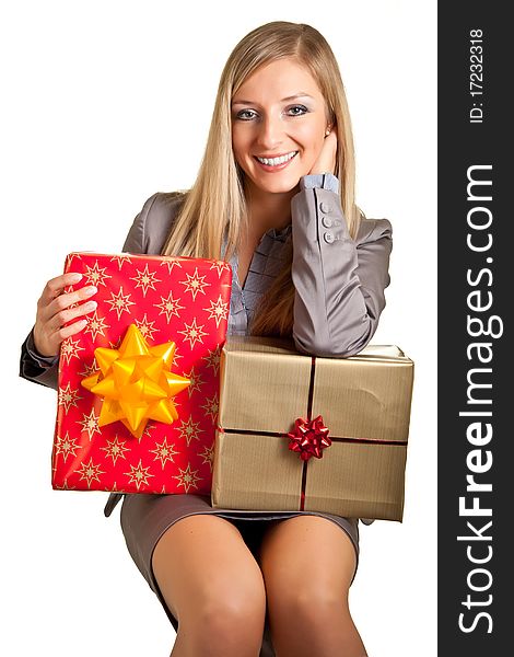 Isolated Blond Caucasian Woman With Gifts