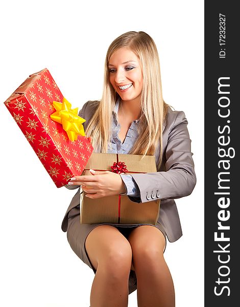 Isolated blond caucasian woman with gifts