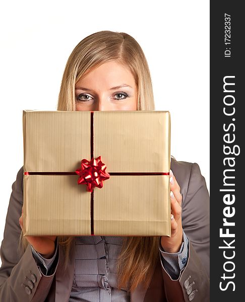 Isolated blond caucasian woman with gifts