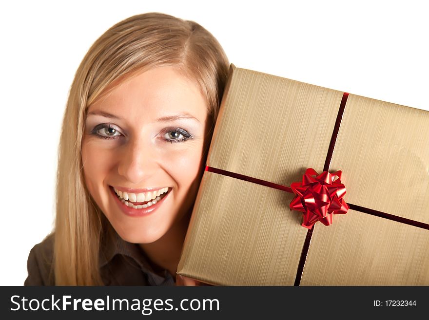 Blond caucasian woman in formal dress with gift boxes isolated on white. Blond caucasian woman in formal dress with gift boxes isolated on white