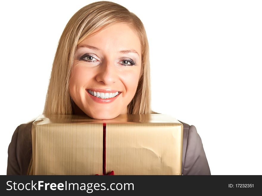 Isolated Blond Caucasian Woman With Gifts