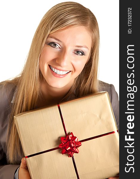 Isolated blond caucasian woman with gifts