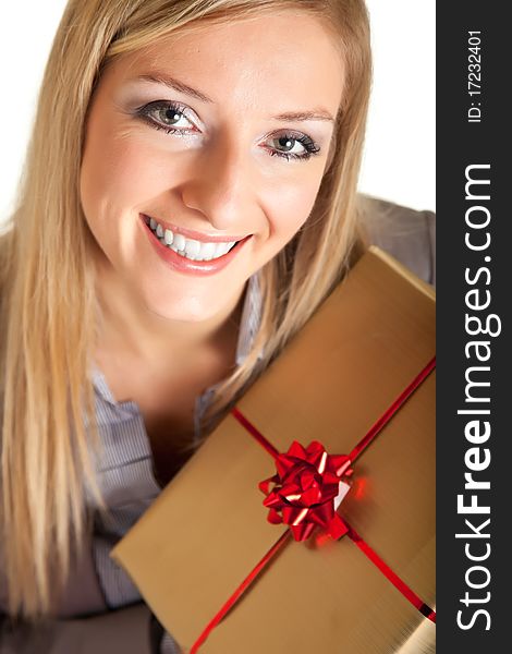 Isolated Blond Caucasian Woman With Gifts