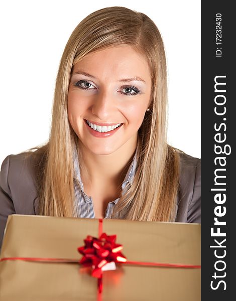 Isolated Blond Caucasian Woman With Gifts