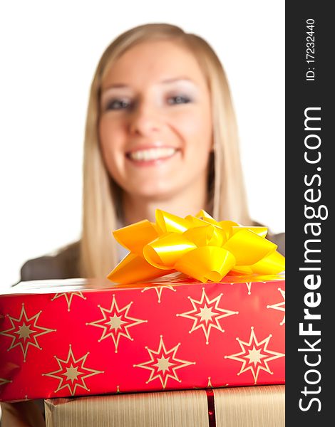 Isolated Blond Caucasian Woman With Gifts