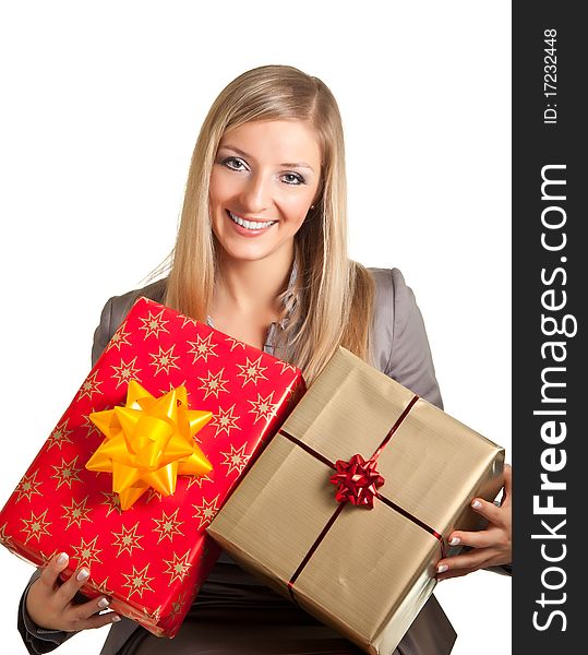 Isolated Blond Caucasian Woman With Gifts