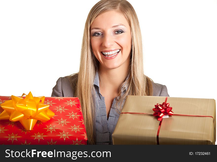 Blond caucasian woman in formal dress with gift boxes isolated on white. Blond caucasian woman in formal dress with gift boxes isolated on white