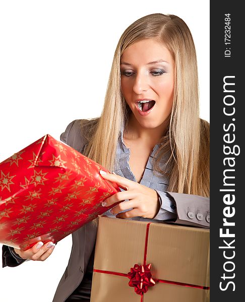 Isolated blond caucasian woman with gifts