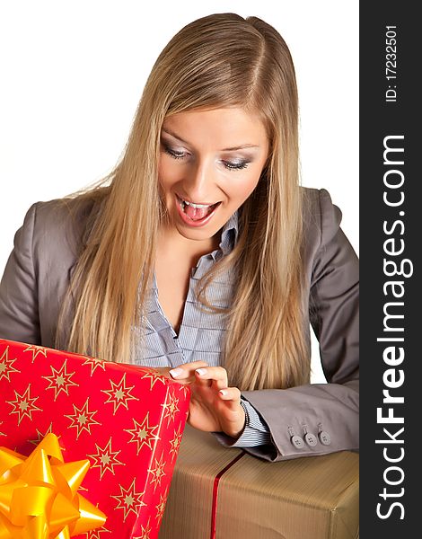 Isolated Blond Caucasian Woman With Gifts