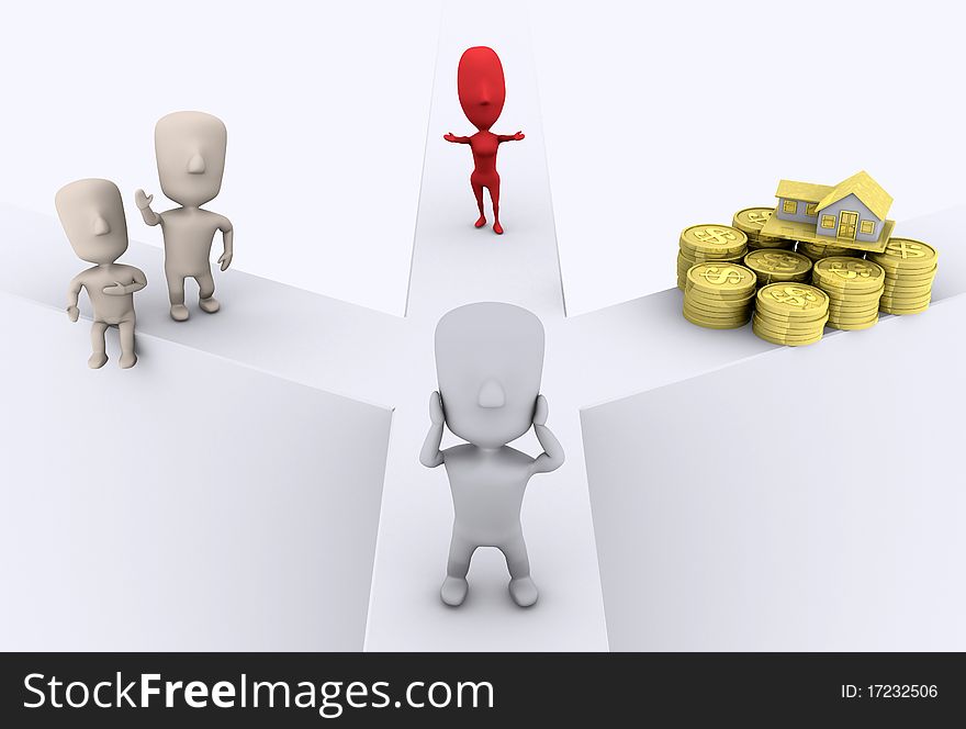 A 3D illustration of a person choosing between friendship, love and wealth. A 3D illustration of a person choosing between friendship, love and wealth