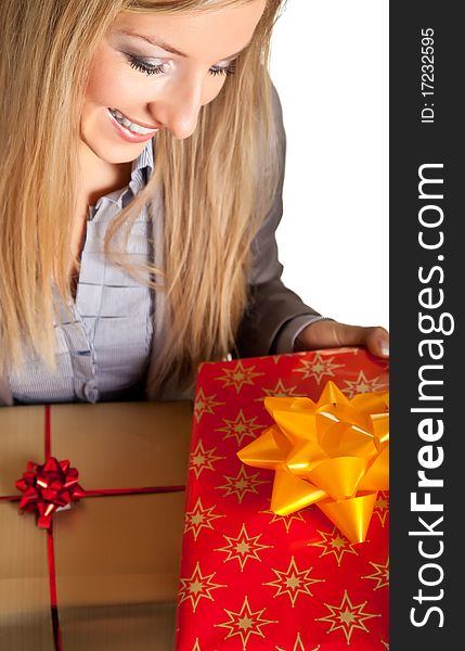 Isolated Blond Caucasian Woman With Gifts