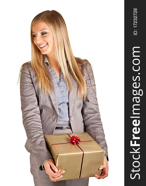 Isolated blond caucasian woman with gifts