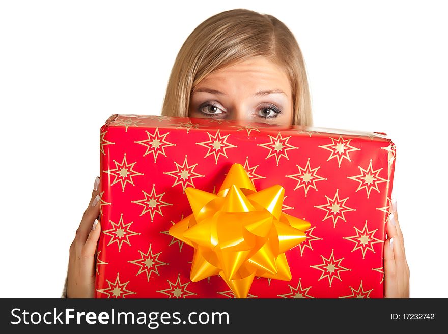 Isolated blond caucasian woman with gifts